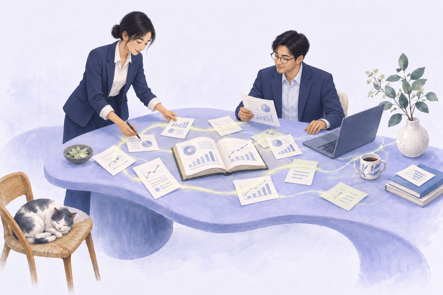 兩位東亞專業顧問在流動的桌面旁討論報告與知識，象徵資訊、對話與工具在共同空間相遇